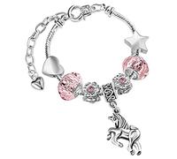 Girls Magical Unicorn Charm Bracelet - Sparkly Pink Crystal Adjustable Silver Bracelet with Gift Box - Birthday Gifts for Girls 5-12