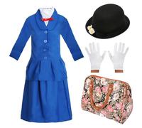 Girls Magical Victorian Nanny Costume for Girls - Small - Blue Jacket & Skirt, Black Bowler Hat, White Gloves, Carpet Bag - Kids World Book Day/Book Week Character Fancy Dress Costume
