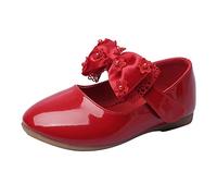 Girls Mary Jane Flats Non Slip School Shoes Wide Fit Small Leather Flats with Bow Adjustible Strap Soft Insole Slip On Loafers Lightweight Ballet Trainers for Back to School (Red, 5.5 Toddler)