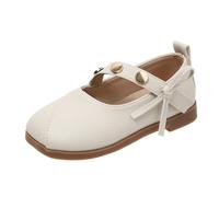 Girls' Mary Jane Leather Shoes - Button Decorated Straps Bow,Comfortable School Daily Shoes for Kids Party Casual Outings Beige