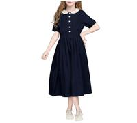Girls Maxi Dress Short Sleeve Preppy Shirt Dresses Contrast Peter Pan Collar Button Front Dress Shirred Waist A Line Dresses Kids School Study Spring Summer Casual Wear Navy 7 Years