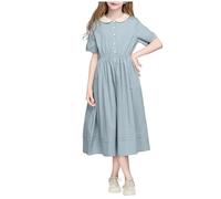 Girls Maxi Dress Short Sleeve Preppy Shirt Dresses Contrast Peter Pan Collar Button Front Dress Shirred Waist A Line Dresses Kids School Study Spring Summer Casual Wear Blue 13 Years