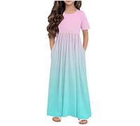 Girls Maxi Dresses Short Sleeve Casual Holiday Dress with Pockets Cute Color Blocking Gradient Pleated Princess Dress Party School Performance Loungewear #01Mint Green 13-14 Years