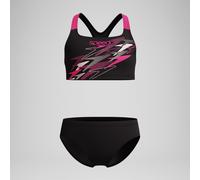 Speedo Girls Medley Logo Racerback Two Piece Swimsuit Swimming Costume Anthracite/Margarita Pink Size 5-6 Years