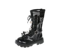 Girls Mesh Mid Calf Boots Bow Rose Decor Buckle Strap Side Zipper Chunky | Sole Warm Tall Booties for Toddler Little Kids Fall Winter Daily Wear School Travel Outdoor