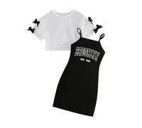 Girls Mesh Print Sleeveless Dress Set with Strappy Top Casual Summer Outfit for Age 4-8 Years Playful Two Piece Toddler Clothes (Black, 4-5 Years)
