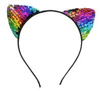 Girls Metal Sequin Cat Ears Headband | Hair Band Fancy Costume Party Cosplay | Cat Ear Headband One Size Fits All (Rainbow Sequin)