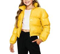 Girls Metallic Cropped Puffer Jacket Winter Shiny Zip Up Short Bubble Down Coats, Thicken Warm Padded Coat Baggy Quilted Jackets Overcoat School Outdoor 1-10 Years
