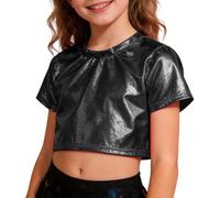 Girls Metallic Shiny Performance Dance Top Cool Robot Short Sleeve Crop Tee for Stage Shows and Role Play Costume Carnival Jumper Age 10 Sparkle Yellow Kids Long Black