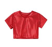 Girl's Metallic T-Shirts Glitter Sparkly Crop Tops Blouse Disco Outfits Round Neck Short Sleeve Dance Tops Jazz Hip Hop Modern Dancewear Carnival Costume 1-16 Years Red