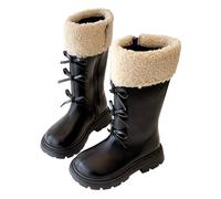 Girls' Mid Calf Boots Kids Short Combat Ankle Boots, Faux Leather Winter Warm Fleece Lined Lace Up Bow Detail Side Zip Chunky Platform Sole Fashion Boots for Girls School Casual Daily Outdoor Wear