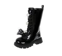 Girls Mid Calf Boots with Bowknot Lace-Up Side Zippers Riding Boots Kids Non-Slip Fall Winter Shoes for School Black