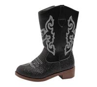 Girls Mid Calf Cowboy Boots,Sparkly Glitter Cowboy Western Mid Calf Boots Little Kids Round Toes Low Heel Zipper Party Birthday Dress Boot Riding Shoes UK 1.5 Black Footwear