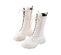 Girls Mid Calf Riding Boots - Fur Lined PU Leather Lace Up Combat Boots with Side Zipper, Chunky Lug Sole, Waterproof Warm Winter Shoes, Stylish Punk Goth Princess Boots for Girls Ages 4-12