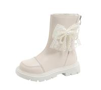 Girl's Mid-Calf Riding Boots with bow, Kids Princess Faux Leather School Shoots, Side zipper Combat Boot Round Toe Lug Sole Chunky Heels Shoes Waterproof footwear