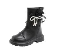 Girl's Mid-Calf Riding Boots with bow, Kids Princess Faux Leather School Shoots, Side zipper Combat Boot Round Toe Lug Sole Chunky Heels Shoes Waterproof footwear