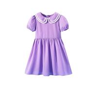 Girls Mini Dresses Short Puffed Sleeves Summer Beach Dress Casual Vacation Sundress A-Line Solid Color Smocked Dress Elegant Princess Dresses Kids Party #A-Purple 8-9 Years