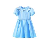 Girls Mini Dresses Short Puffed Sleeves Summer Beach Dress Casual Vacation Sundress A-Line Solid Color Smocked Dress Elegant Princess Dresses Kids Party #A-Blue 6-7 Years