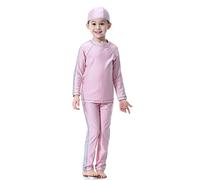 Girls Modest Swimwear Muslim Swimsuits Long Sleeve Swim Top Pants Hijab Burkini Bathing Suits Kids Swimming Pakistan Dubai Middle East Surfing Outfit Pink + Gray 7-8 Years