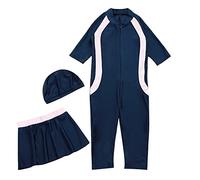 Girls Modest Swimwear Muslim Swimsuits Zip Closure Swim Top Pants Hijab Burkini Bathing Suits Kids Swimming Costume Pakistan Dubai Middle East Surfing Outfit Rash Guard Beachwear Navy blue 9-10 Years