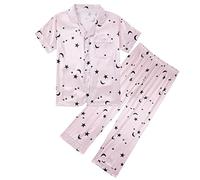 Girls Moon Star Print Pajamas Sets Satin Loungewear Short Sleeve T-Shirt+Pants Sleepwear 2Pcs Silk Outfits Kids Silky Nightwear Children Sleepwear Sets (Pink, 13-14 Years)
