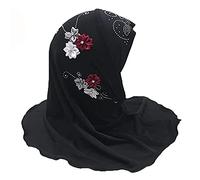 Girls Muslim Hijab Floral Lace Head Scarf Kids Islamic Arab Scarf Shawls Head Wrap with Flowers, Black (6 Flowers), One Size