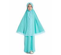 Girls Muslim Prayer Abaya 2 Piece Set Islamic Skirt with Lace Scarf Hijab Turkish Dubai Arabian Middle East Clothing Kids Eid Jilbabs Robe Crewneck Long Sleeve Kaftan for Ramadan Mosque Green