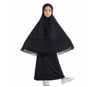 Girls Muslim Prayer Abaya 2 Piece Set Islamic Skirt with Lace Scarf Hijab Turkish Dubai Arabian Middle East Clothing Kids Eid Jilbabs Robe Crewneck Long Sleeve Kaftan for Ramadan Mosque Black