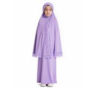 Girls Muslim Prayer Abaya 2 Piece Set Islamic Skirt with Lace Scarf Hijab Turkish Dubai Arabian Middle East Clothing Kids Eid Jilbabs Robe Crewneck Long Sleeve Kaftan for Ramadan Mosque Purple