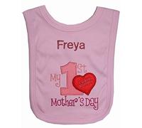 Girls My 1st Mother’s Day Personalised Bib Handmade in The UK with Embroidered Name (Pink)