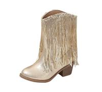 Girls New Solid Colour Leather Western Cowboy Boots Autumn Winter Casual Kids Tassel Detail Soft Lined Comfortable Durable Fashionable Toddler Boots Size 4 UK Outdoor Play Everyday (Gold, 1 Big Kids)