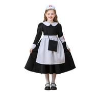 Girls Nurses Costume Peter Pan Collar Long Sleeve Dress 5 Piece Set Apron Hat Armband Backpack Kids Doctor Costume Halloween School Party Dresses (Black, 4-5 Years)