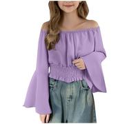 Girls Off Shoulder Tops Summer Boho Blouse Kids Flared Long Sleeve Gothic Shirts School Elegant Prom Clothes Outdoor Soft Elastic Neck Dance Party Undershirt (Purple, 9-10 Years)