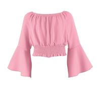 Girls Off The Shoulder Tops Bell Sleeve Top Ruched Crop Tops Kids Long Sleeve T Shirt Casual Blouses Dressy Top Summer T Shirts Cute Summer School Holiday Beach Blouse for 9 Years A Pink