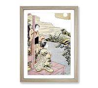 Girls On A Veranda By Harunobu Suzuki Asian Japanese Framed Print | A2 Oak Framed Wall Art | Ready to Hang | Asian Nature Picture | Living Room Bedroom Lounge Office