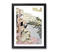 Girls On A Veranda By Harunobu Suzuki Asian Japanese Framed Print | A4 Black Framed Wall Art | Ready to Hang | Asian Nature Picture | Living Room Bedroom Lounge Office