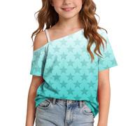 Girls One Cold Shoulder Short Sleeve Top Gradient Star Print T-Shirt Children's Fashion Off Shoulder Casual Tee Cute Star Graphic Tee Shirt Summer Trendy Blouse Y2K Teen Girls Soft Tops