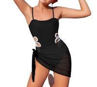 Girls One Piece Swimsuit Kids Sleeveless Swimwear with Cover Up Skirt Adjustable Straps Cut Out Bathing Suit Swimwear for Girls 8-16 Years