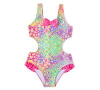 Girls One Piece Swimsuit Rainbow Gradient Print Swimwear with Side Cutouts & Ruffled Hem Swimming Costume Girl Push Up Padded Monokini with Bow Kids Bathing Suit for Teen Pool Parties