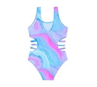 Girls One Piece Swimsuit Shimmer Mesh Insert Cut Out Back Surf Style Bathing Suit for Kids Quick Dry Lined Full Coverage Youth Swimwear