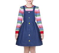 Girls Outfit Set 2 Piece Blue Suspender Denim Button Striped Tee Age 9-10 Years