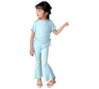 Girls Outfits 2 Piece Set Summer Casual Drawstring T-Shirt with Flare Leg Pants Soft Comfortable Playwear for Toddler Kids Age 2-10 (A-Light Blue, 4-5 Years)