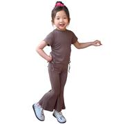 Girls Outfits 2 Piece Set Summer Casual Drawstring T-Shirt with Flare Leg Pants Soft Comfortable Playwear for Toddler Kids Age 2-10 (A-Coffee, 7-8 Years)