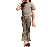 Girls Outfits 2 Piece Set Summer Casual Drawstring T-Shirt with Flare Leg Pants Soft Comfortable Playwear for Toddler Kids Age 2-10 (A-Light Green, 9-10 Years)