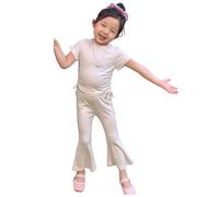 Girls Outfits 2 Piece Set Summer Casual Drawstring T-Shirt with Flare Leg Pants Soft Comfortable Playwear for Toddler Kids Age 2-10 (A-Beige, 9-10 Years)