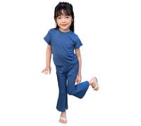 Girls Outfits 2 Piece Set Summer Casual Drawstring T-Shirt with Flare Leg Pants Soft Comfortable Playwear for Toddler Kids Age 2-10 (A-Blue, 3-4 Years)