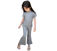 Girls Outfits 2 Piece Set Summer Casual Drawstring T-Shirt with Flare Leg Pants Soft Comfortable Playwear for Toddler Kids Age 2-10 (A-Grey, 4-5 Years)