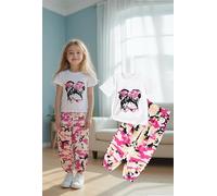 Girls Outfits 4 Pcs Cartoon Printed Short Sleeve Tee Tops and Camouflage Jogging Pants Set Summer Clothing