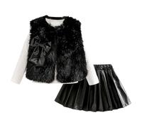 Girls Outfits Set 3 Piece Vest Long Sleeve Top PU Leather Pleated Skirt Toddler Kids Winter Autumn Casual Party School Outfit (Black, 6-7 Years)