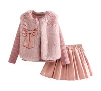 Girls Outfits Set 3 Piece Vest Long Sleeve Top PU Leather Pleated Skirt Toddler Kids Winter Autumn Casual Party School Outfit (2-3 Years) Pink